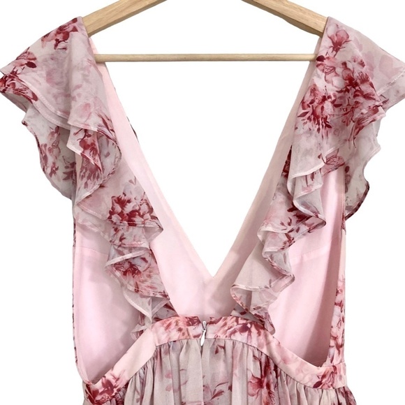 FAME AND PARTNERS Delaney Pink Floral Ruffled Tiered Chiffon Midi Dress - Picture 9 of 12
